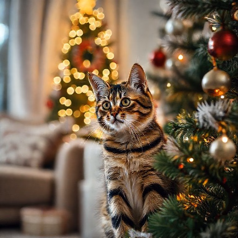 Gato tigrado cheirando árvore de Natal decorada em sala aconchegante.