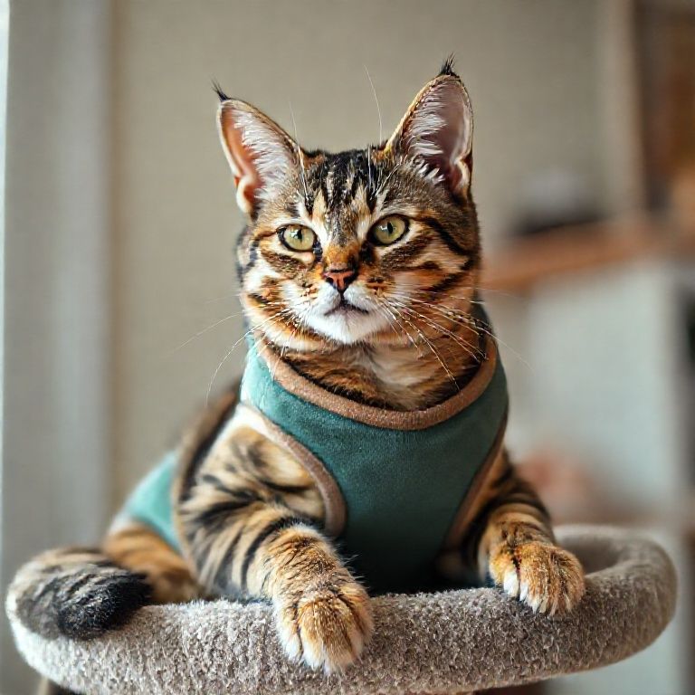 Gato usando colete pós-cirúrgico confortável, relaxando em árvore para gatos.