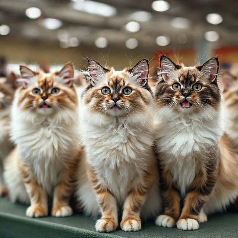 Grupo de gatos Ragdolls relaxando em exposição felina, raça popular.