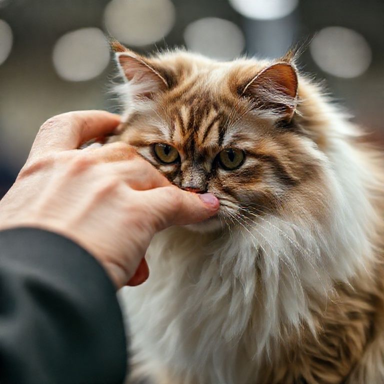 Juiz examinando a pelagem de um gato Persa em uma exposição.
