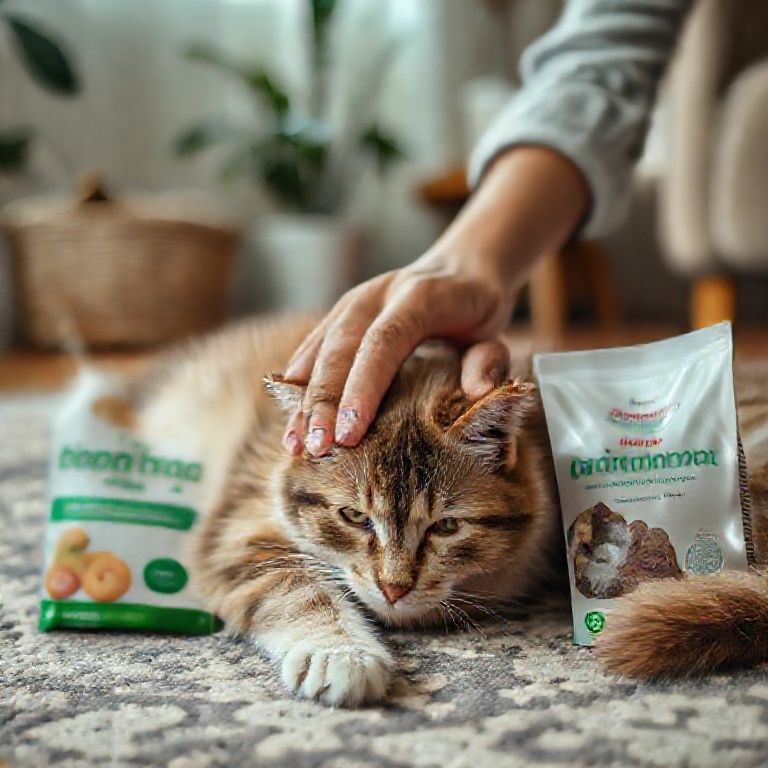 Mão acariciando gato perto de embalagem de ração com probióticos e prebióticos em lar brasileiro.