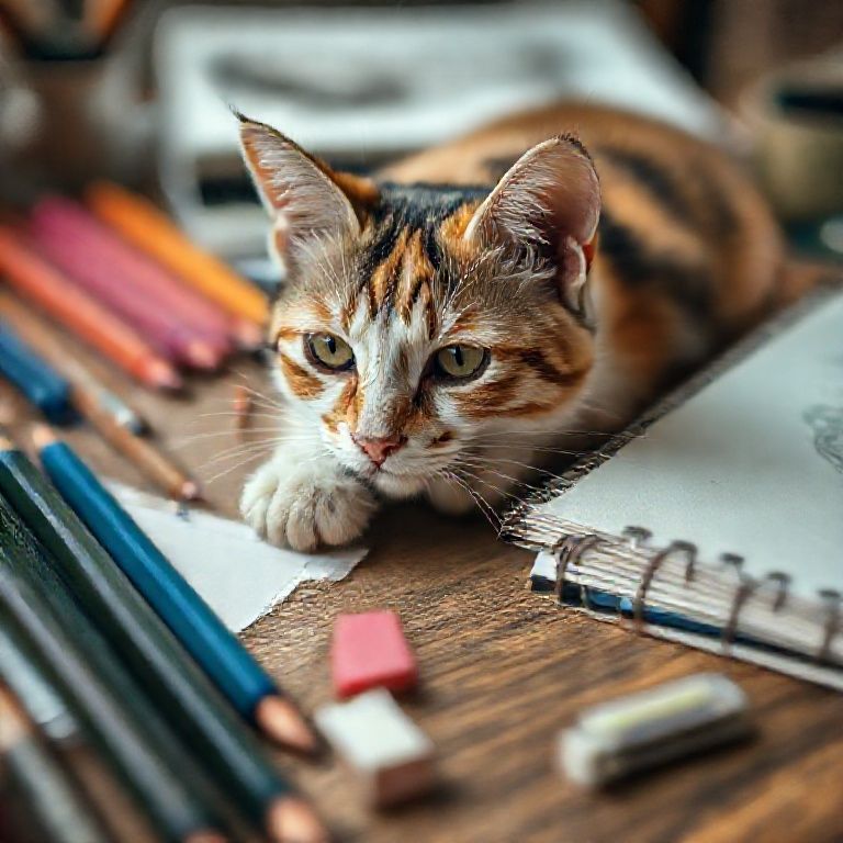 Materiais de desenho com a pata de um gato malhado repousando sobre a mesa.