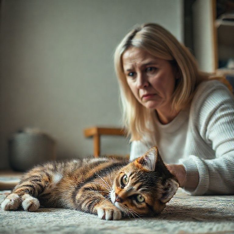 Mulher preocupada olhando para gato deitado no chão.