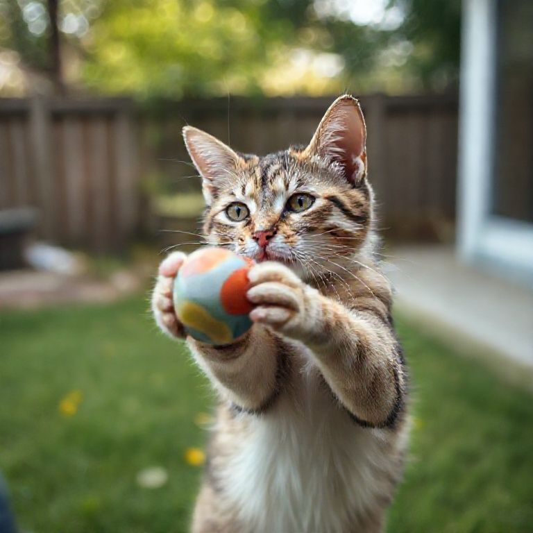 Tutor brincando com gato em quintal seguro.
