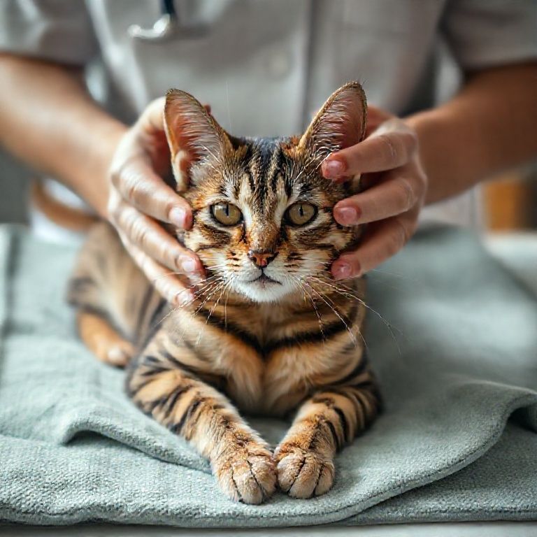 Veterinária demonstrando massagem em gato malhado.