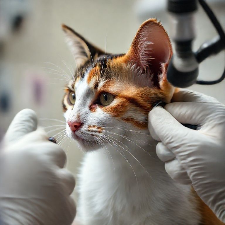 Veterinário examinando ouvido de gato com ácaros.