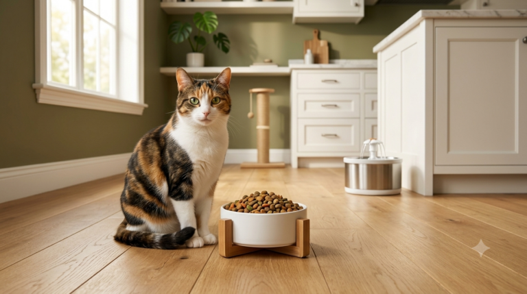 Melhor ração para gatos servida em comedouro para um gato doméstico saudável.