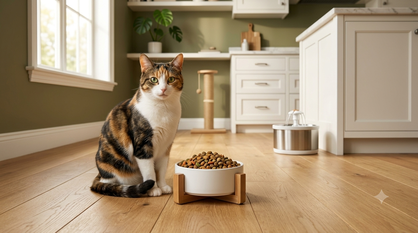 Melhor ração para gatos servida em comedouro para um gato doméstico saudável.