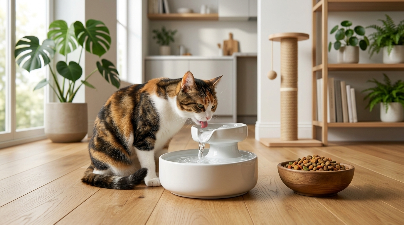 Como fazer o gato beber mais água utilizando uma fonte de água para gatos.