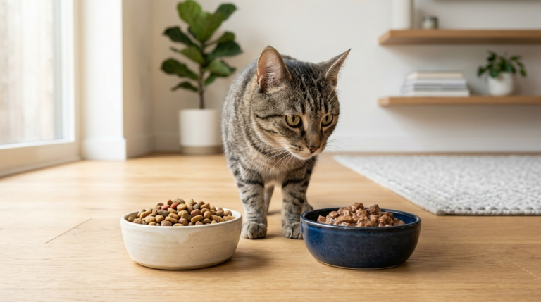 Ração úmida ou seca para gatos servida em dois comedouros.