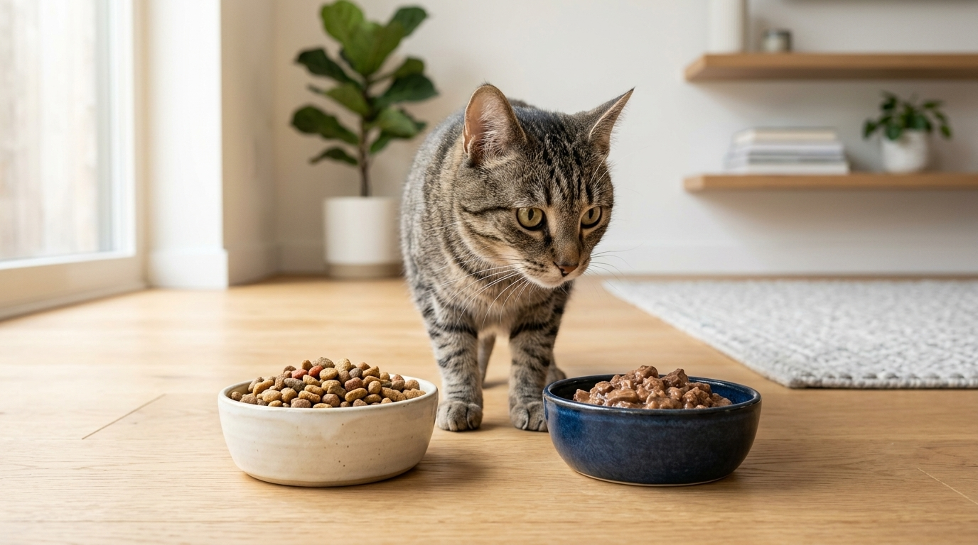 Ração úmida ou seca para gatos servida em dois comedouros.