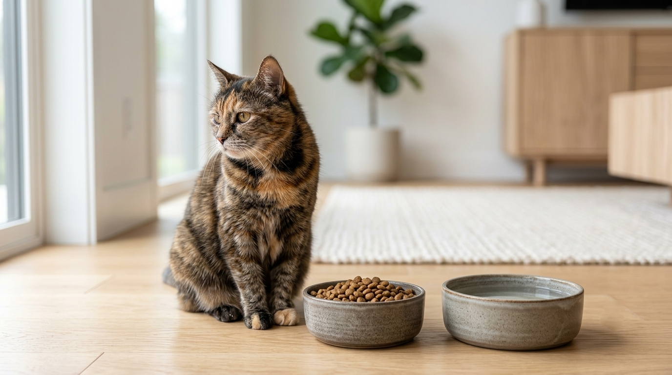 Melhor ração para gatos idosos servida em comedouro para um felino saudável.