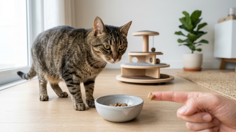 Petiscos para gatos oferecidos em pequenas quantidades como recompensa.