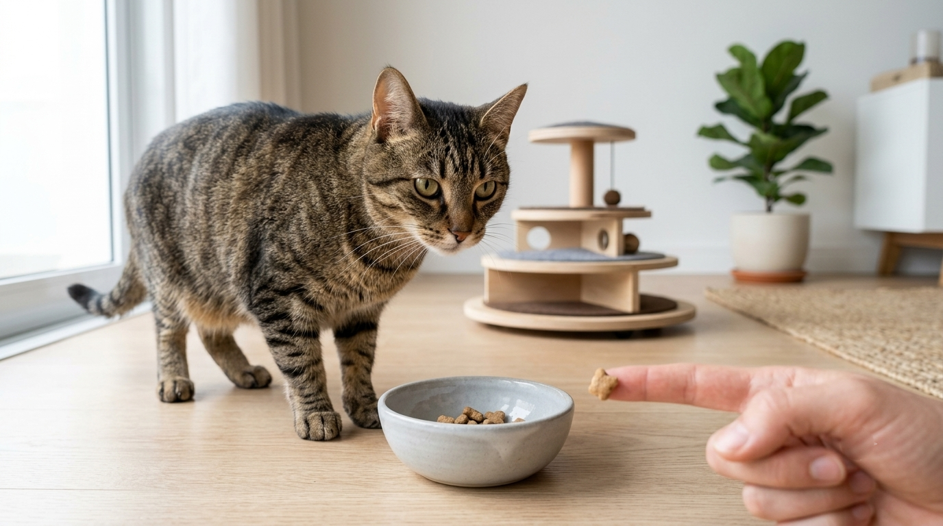 Petiscos para gatos oferecidos em pequenas quantidades como recompensa.