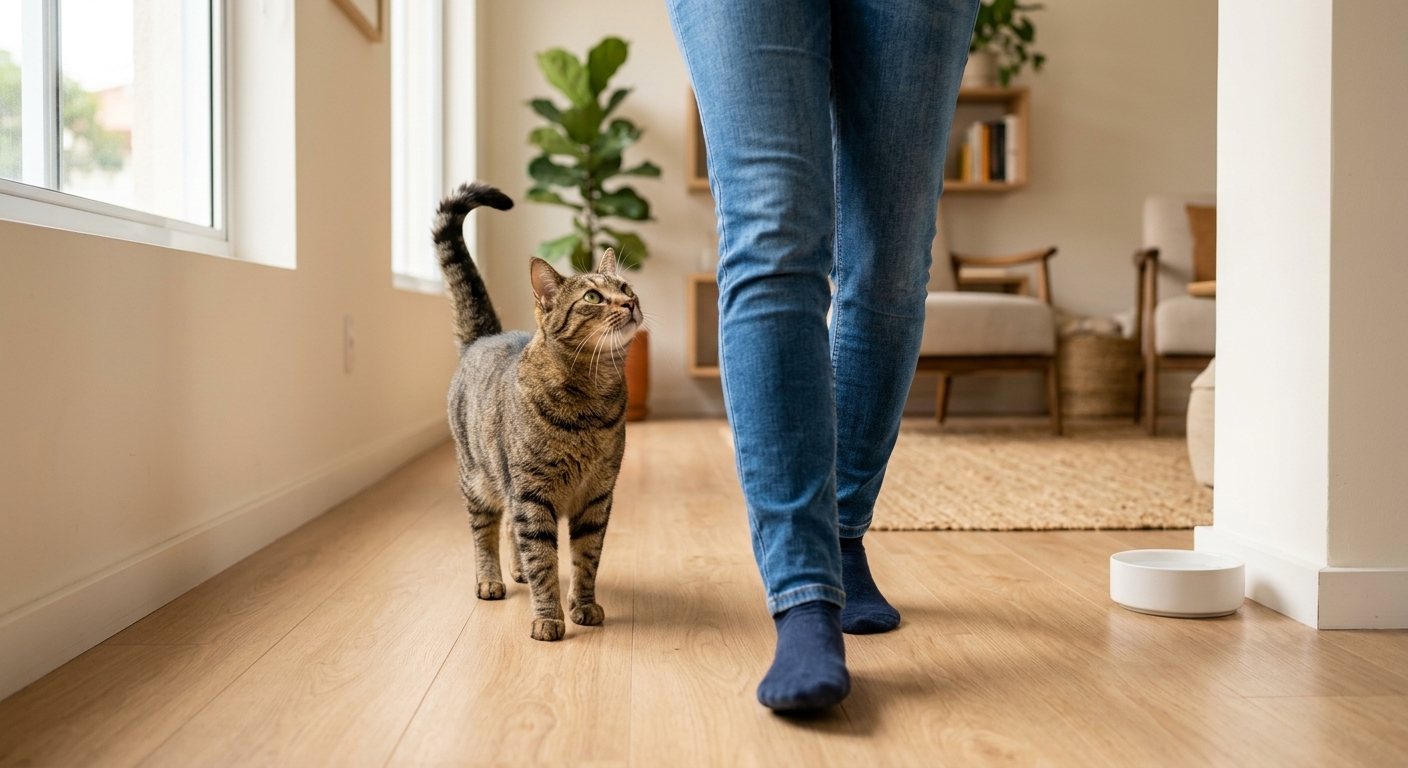 Por que o gato segue o dono pela casa durante a rotina diária.