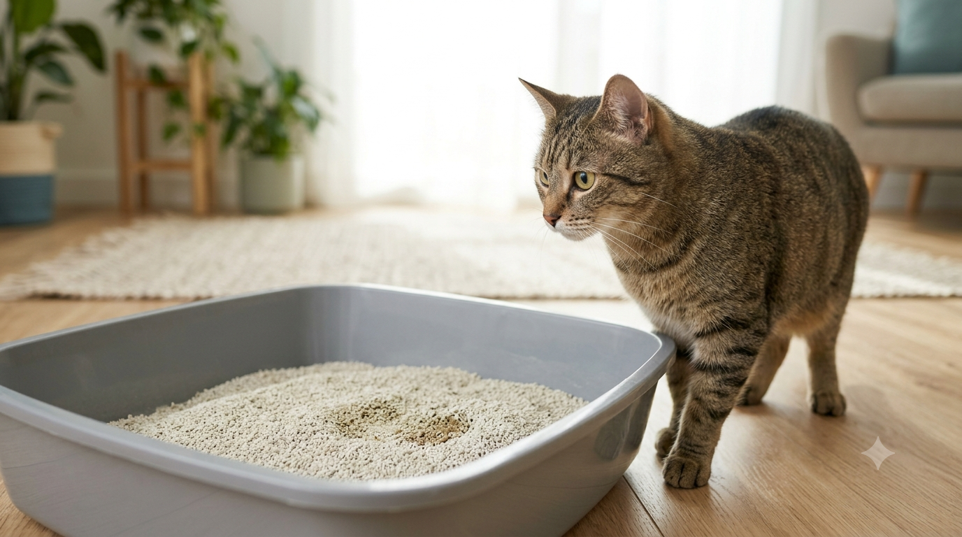 Gato com diarreia próximo à caixa de areia