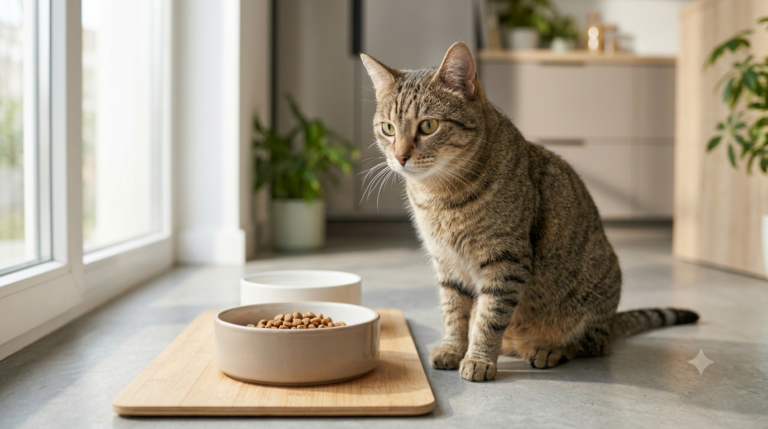 Gato não quer comer e observa a ração no comedouro