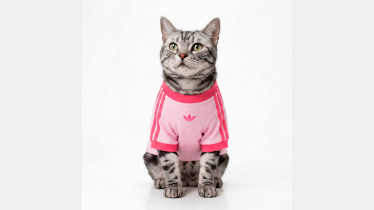 Gato usando roupas esportivas inspiradas na nova coleção pet da Adidas