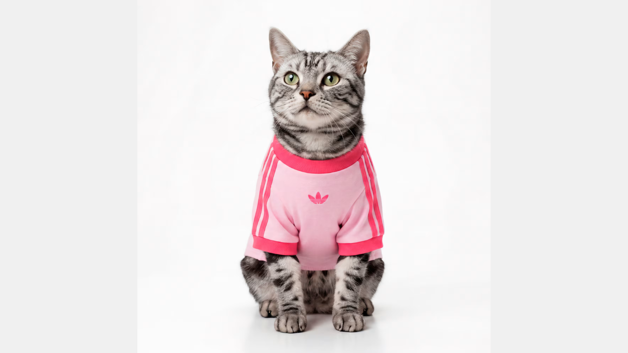 Gato usando roupas esportivas inspiradas na nova coleção pet da Adidas