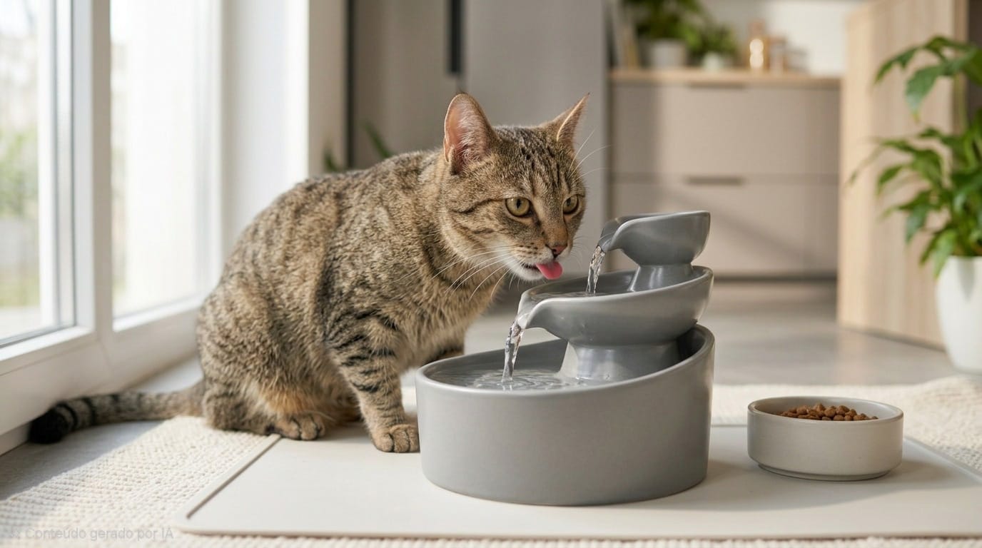 Gato bebendo muita água em uma fonte para gatos