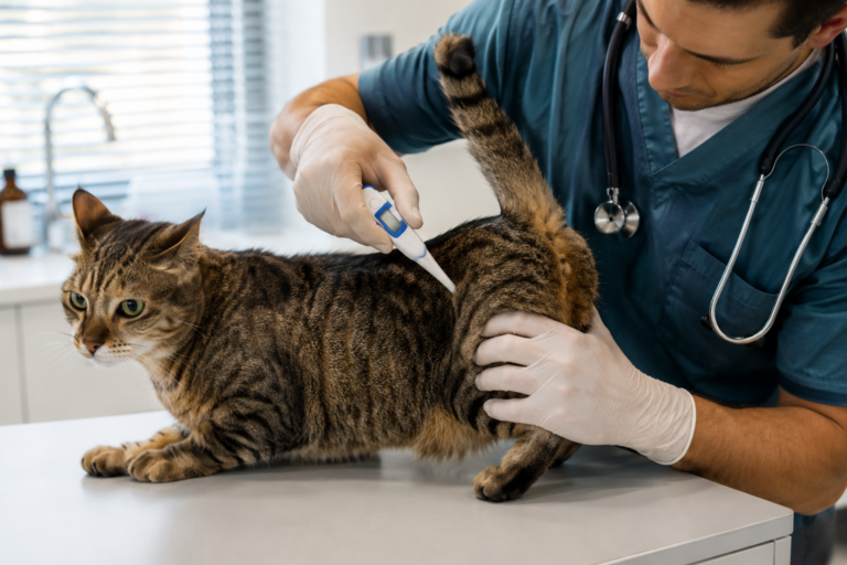 Gato com febre sendo examinado por um médico-veterinário