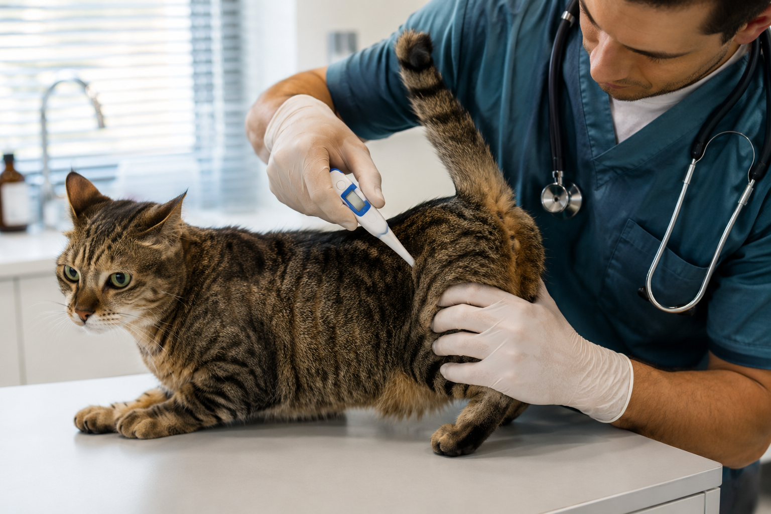 Gato com febre sendo examinado por um médico-veterinário