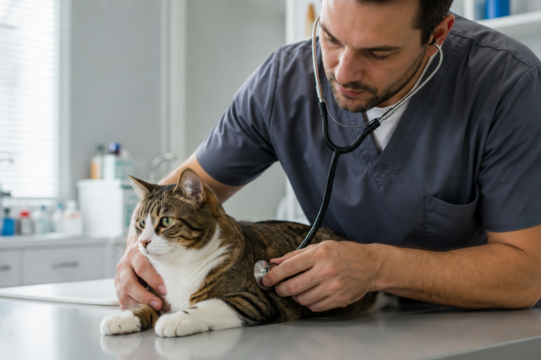 Gato respirando rápido sendo examinado por um médico-veterinário